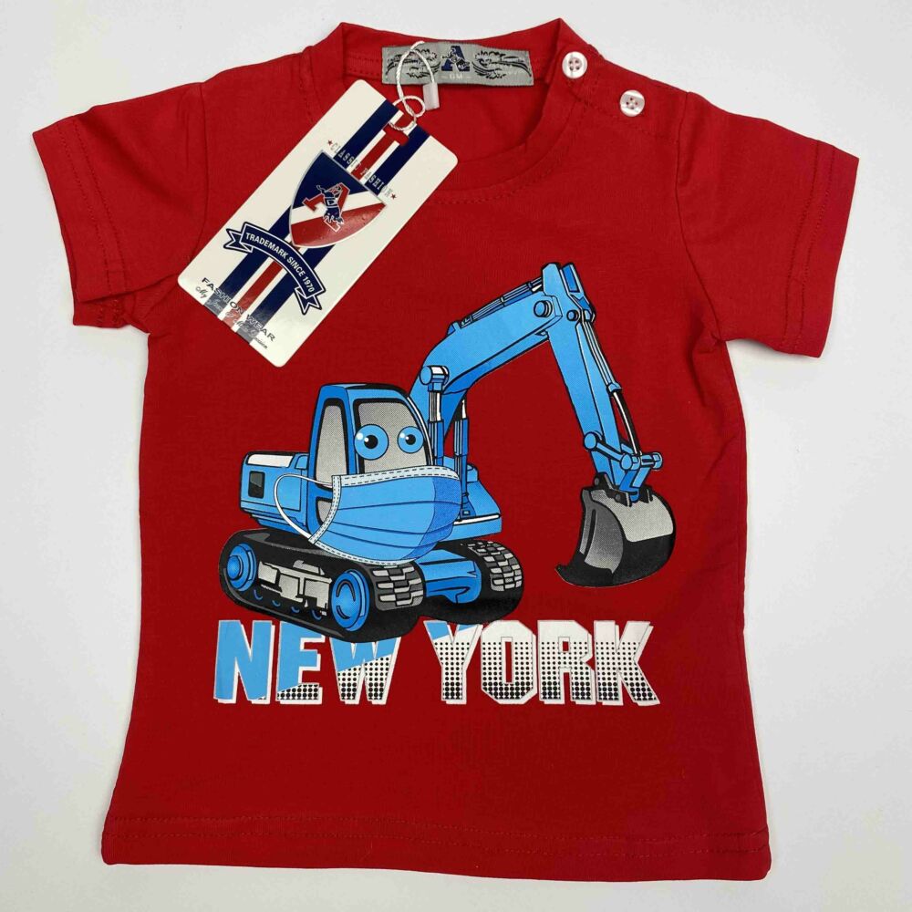 Kisfiú magas pamuttartalmú, nyári, rövid ujjú póló, elején markoló munkagép filmnyomott mita és New York felirat, piros színű