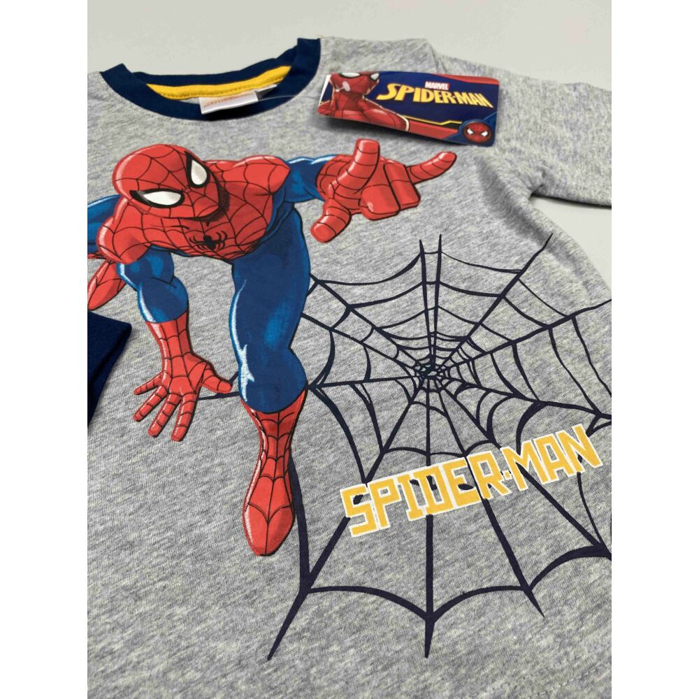 Kisfiú pamut szürke felső pizsama Marvel Spiderman filmnyomott motívum és felirat, közeli