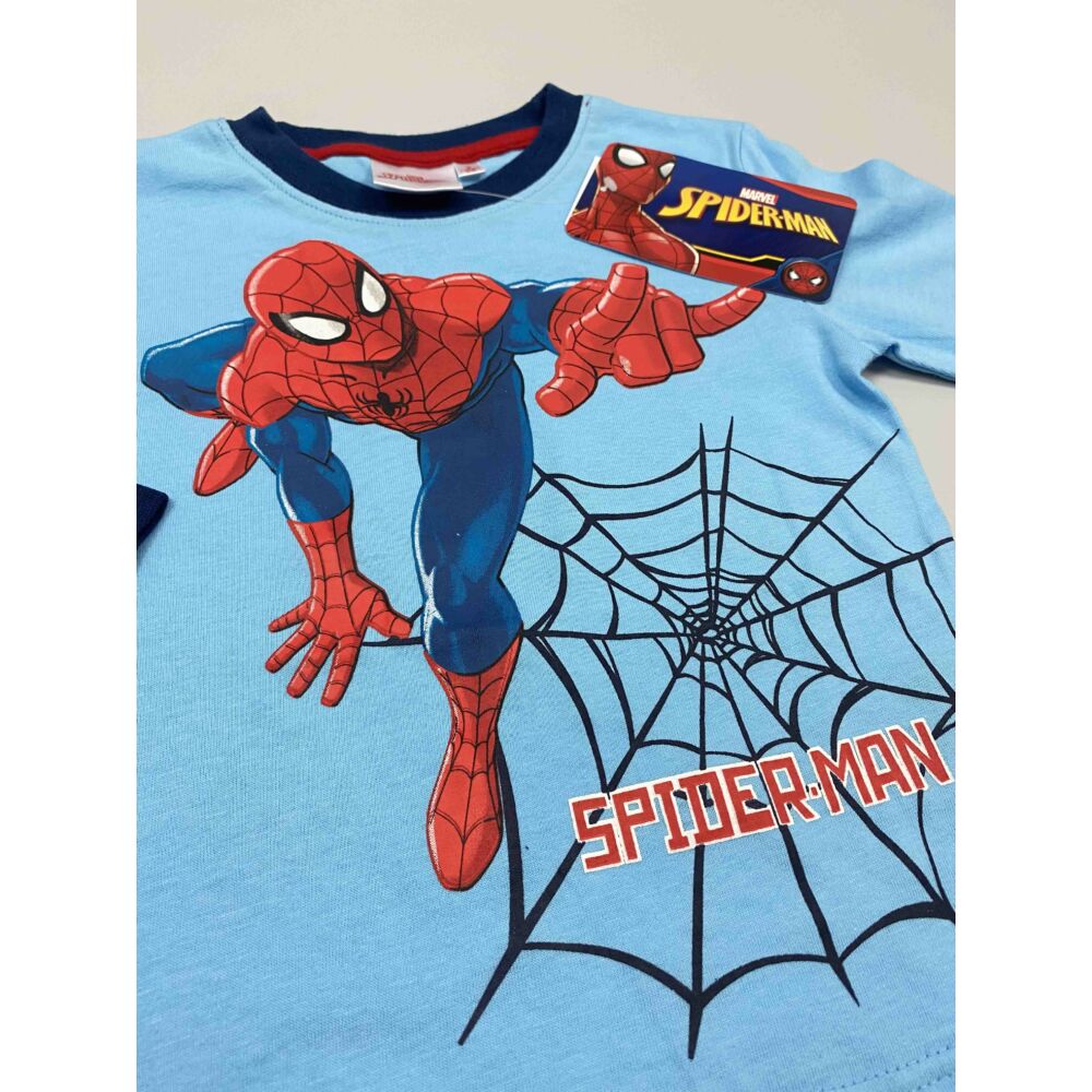 Kisfiú pamut világoskék felső pizsama Marvel Spiderman filmnyomott motívum és felirat, közeli