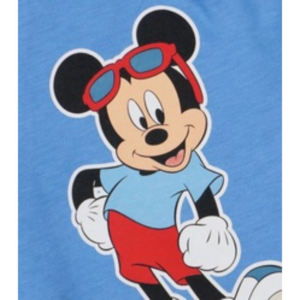 Disney kisfiú pamut rövidnadrág világoskék elején Mickey nyomott minta közeli.