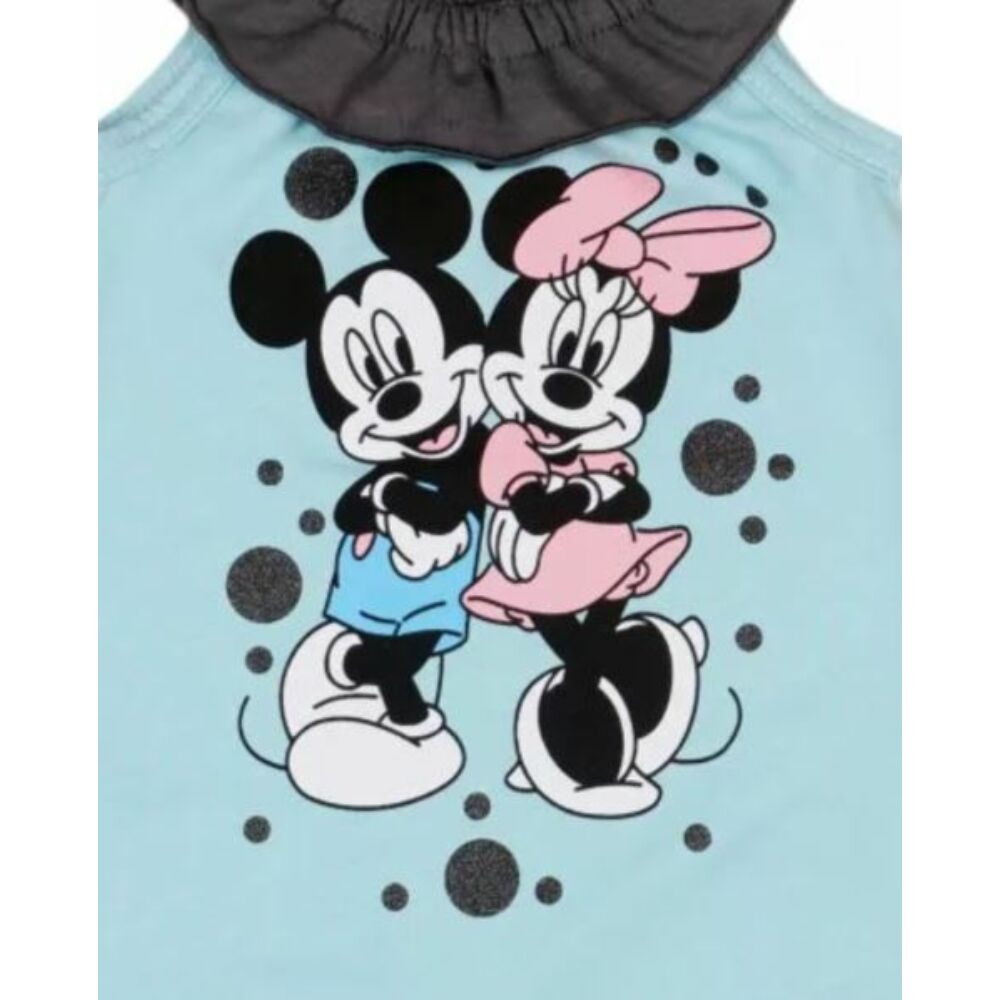 Disney Minnie és Mickey filmnyomott mintás ujjatlan lányka fodros rugdalózó, világoskék, közeli kép.