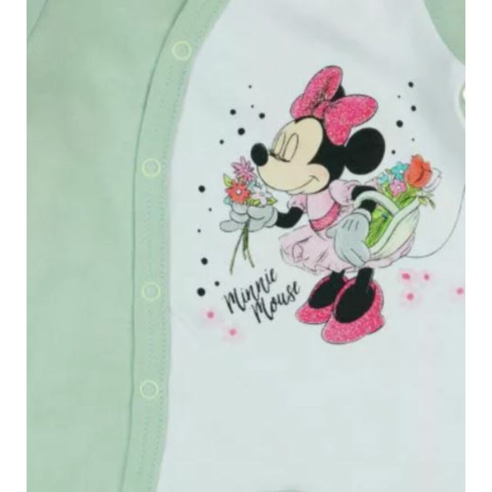 Disney Minnie elől végig pantentos pamut baba rugdalózó zöld színű közeli kép