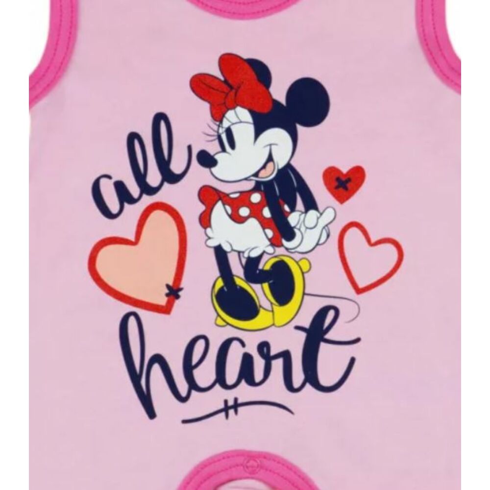 Disney Minnie mintával nyomott, csillámos, ujjatlan, vállon patentos baba pamut rugdalózó, rózsaszín, közeli kép.