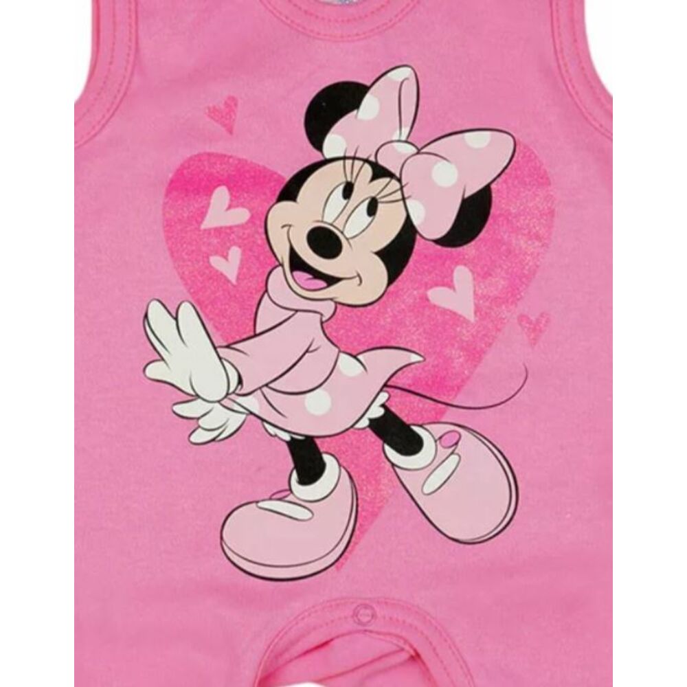 Disney Minnie mintával nyomott, glitteres, szívecskés, vállon patentos, rózsaszín ujjatlan rugdalózó, közeli kép.