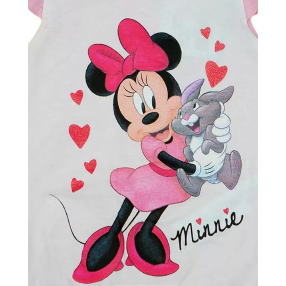 Disney Minnie mintával nyomott, ujjatlan, a vállán fodorral díszített, hátul patentos baba napozó, rózsaszín és fehér színű, közeli kép.