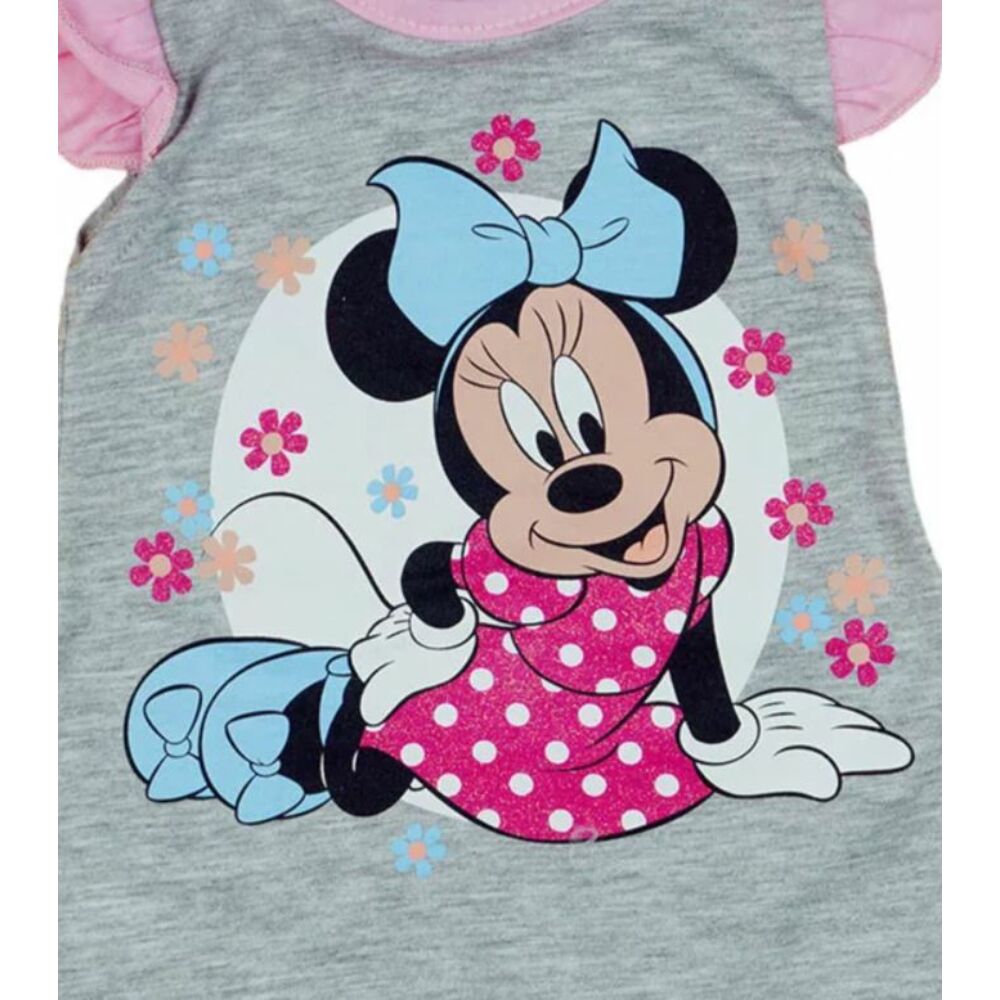 Disney Minnie mintával nyomott, ujjatlan, a vállán fodros, hátul patentos baba napozó. szürke, közeli kép.