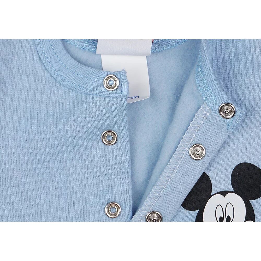 Disney világoskék színű Mickey mintával nyomott, belül bolyhos, elöl patentos baba kocsikabát kisfiúknak, közeli belseje