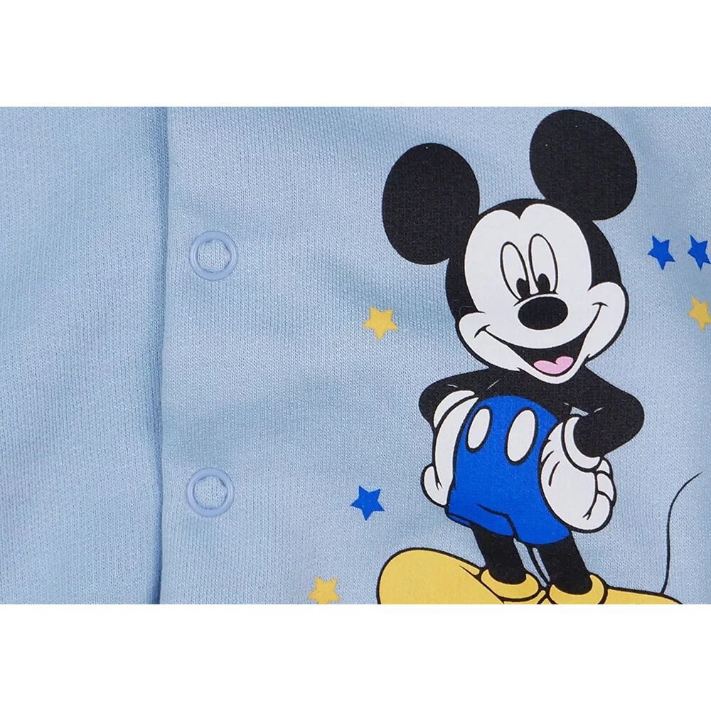 Disney világoskék színű Mickey mintával nyomott, belül bolyhos, elöl patentos baba kocsikabát kisfiúknak, közeli.