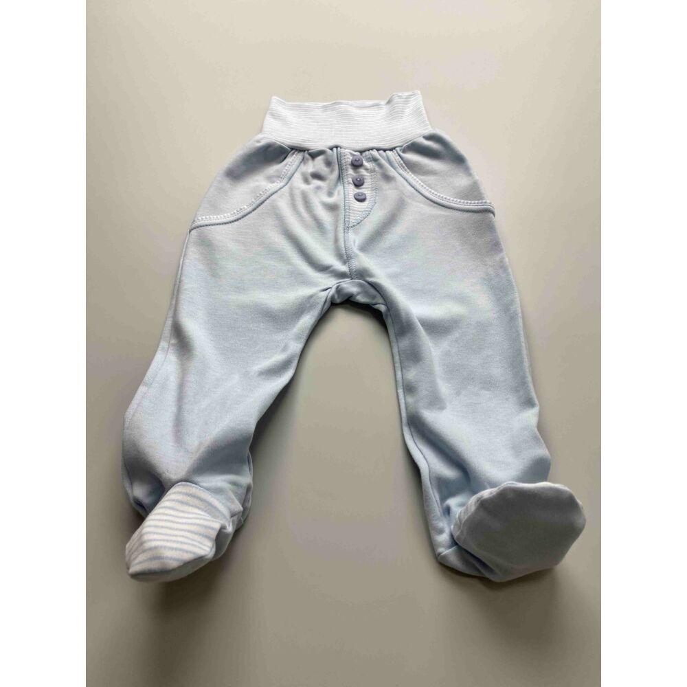 Kisfiú kék színű pamut nadrág, lehajtható széles, bordás derékpánttal, elején álzsebekkel, passzés szárvéggel